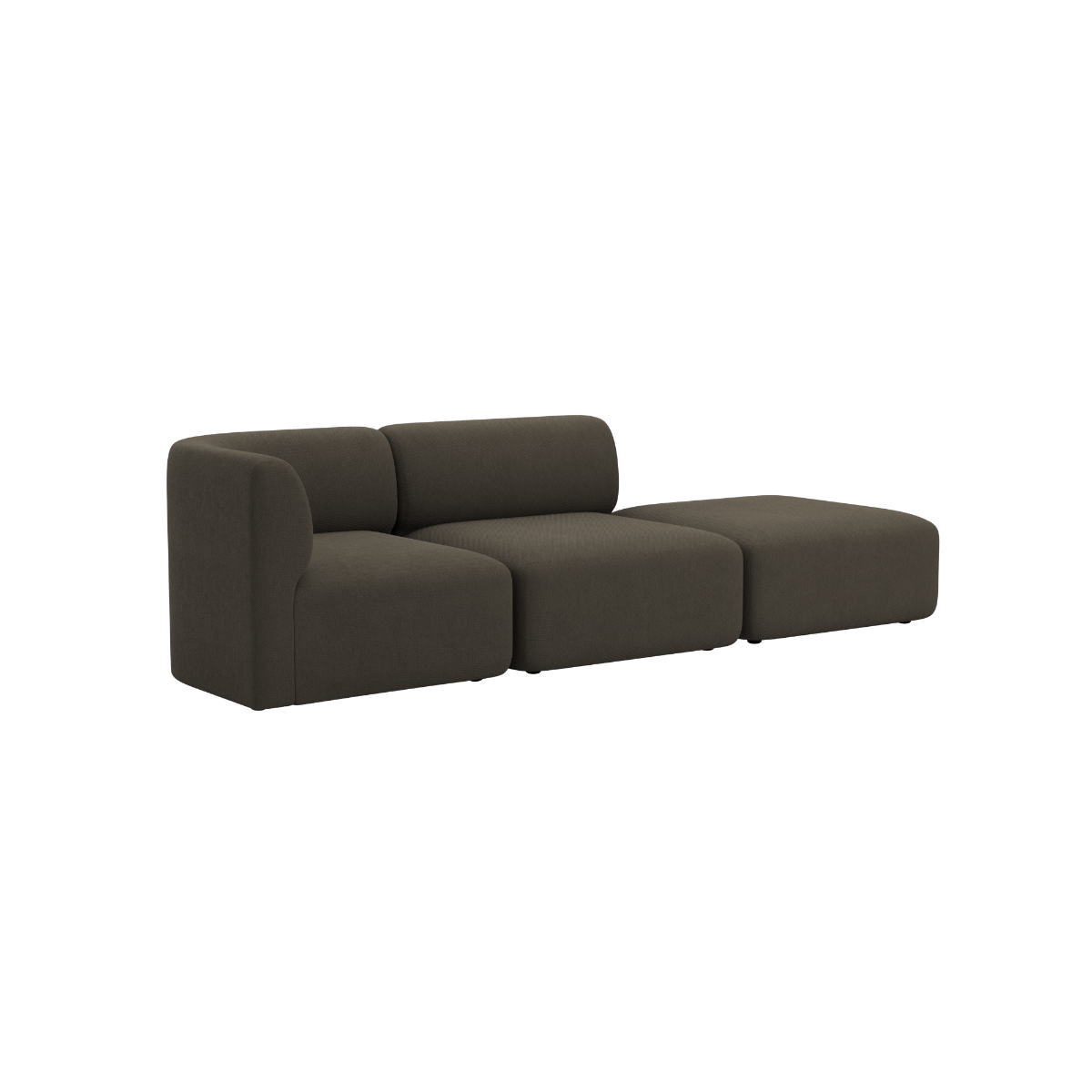 Mørk brun Fjord sofa fra sackit med to siddepladser og åben ende bløde afrundede former og et roligt skandinavisk design til stuen
