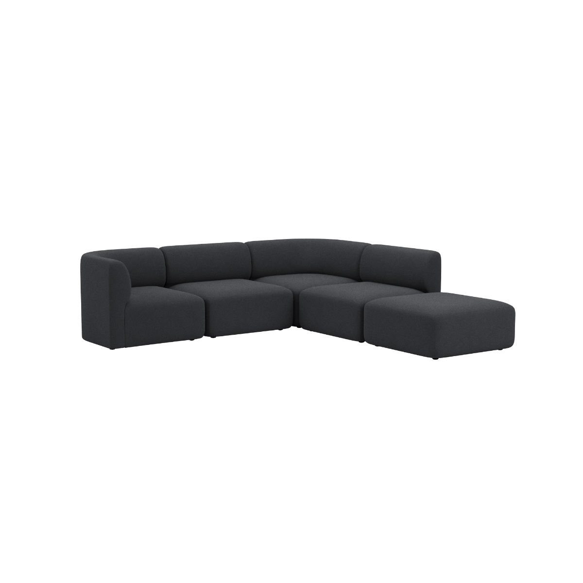 Mørkegrå hjørnesofa med åben ende fra sackit med bløde linjer og skandinavisk design til en moderne stue