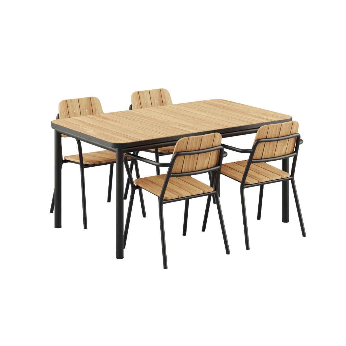 Udendørs Kirra Dining Table 150x90 med teakbordplade og 4 sorte Kirra stole i pulverlakeret aluminium og teak.