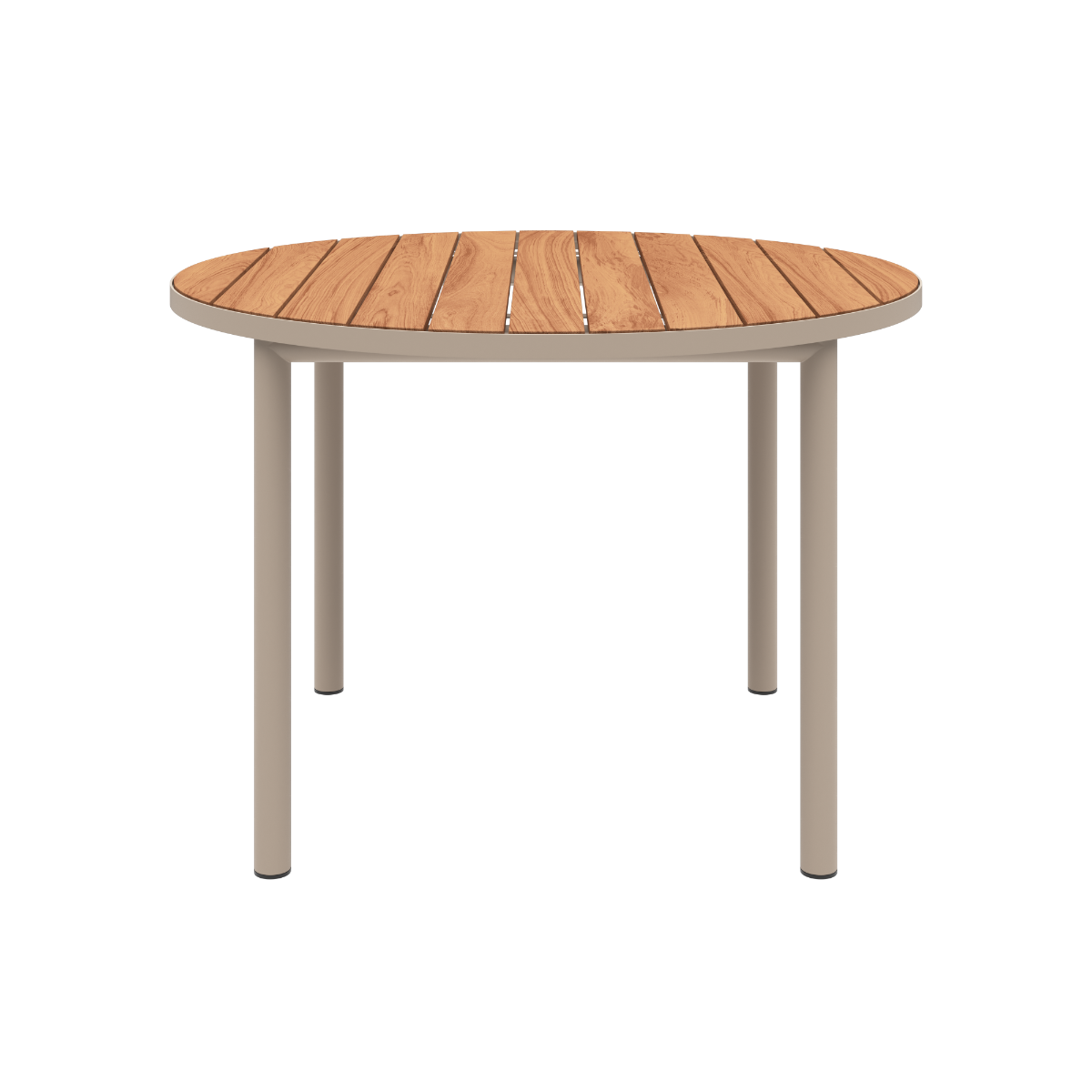 Udendørs Kirra Dining Table Ø110 i taupe pulverlakeret aluminium med teaktræ bordplade