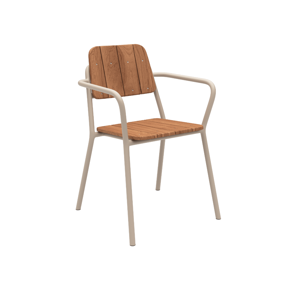 Kirra Patio Chair havestol i taupe pulverlakeret aluminium med ubehandlet teaktræ armlæn.
