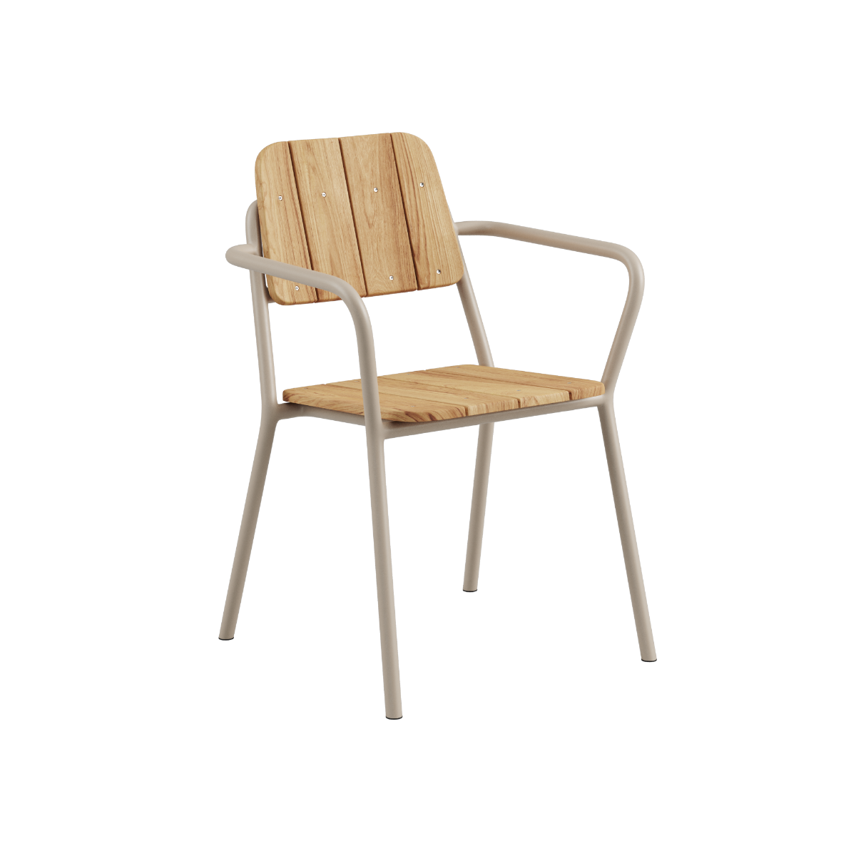 Kirra Patio Chair i taupe med pulverlakeret aluminium og ubehandlet teaktræ, udendørs havestol.