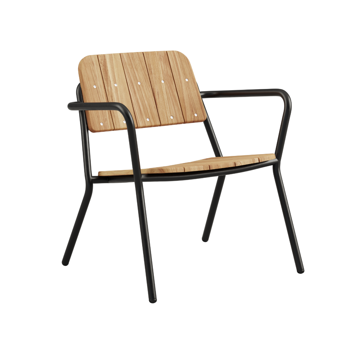 Kirra Patio Lounge Chair i sort med pulverlakeret aluminium og teaktræ, udendørs stol med lav ryg.