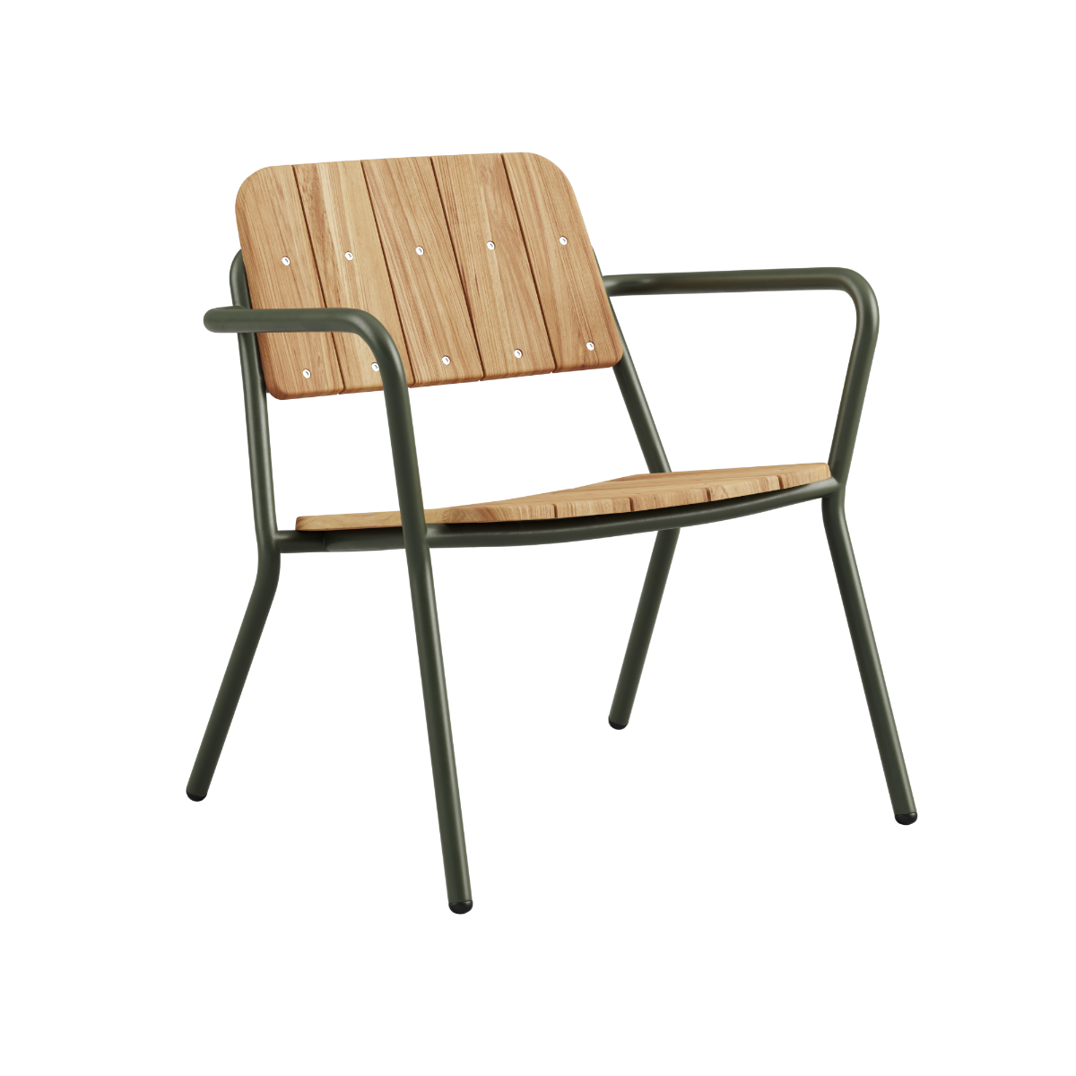 Kirra Patio Lounge Chair i olivengrøn med pulverlakeret aluminium og FSC-certificeret teaktræ til udendørs brug.