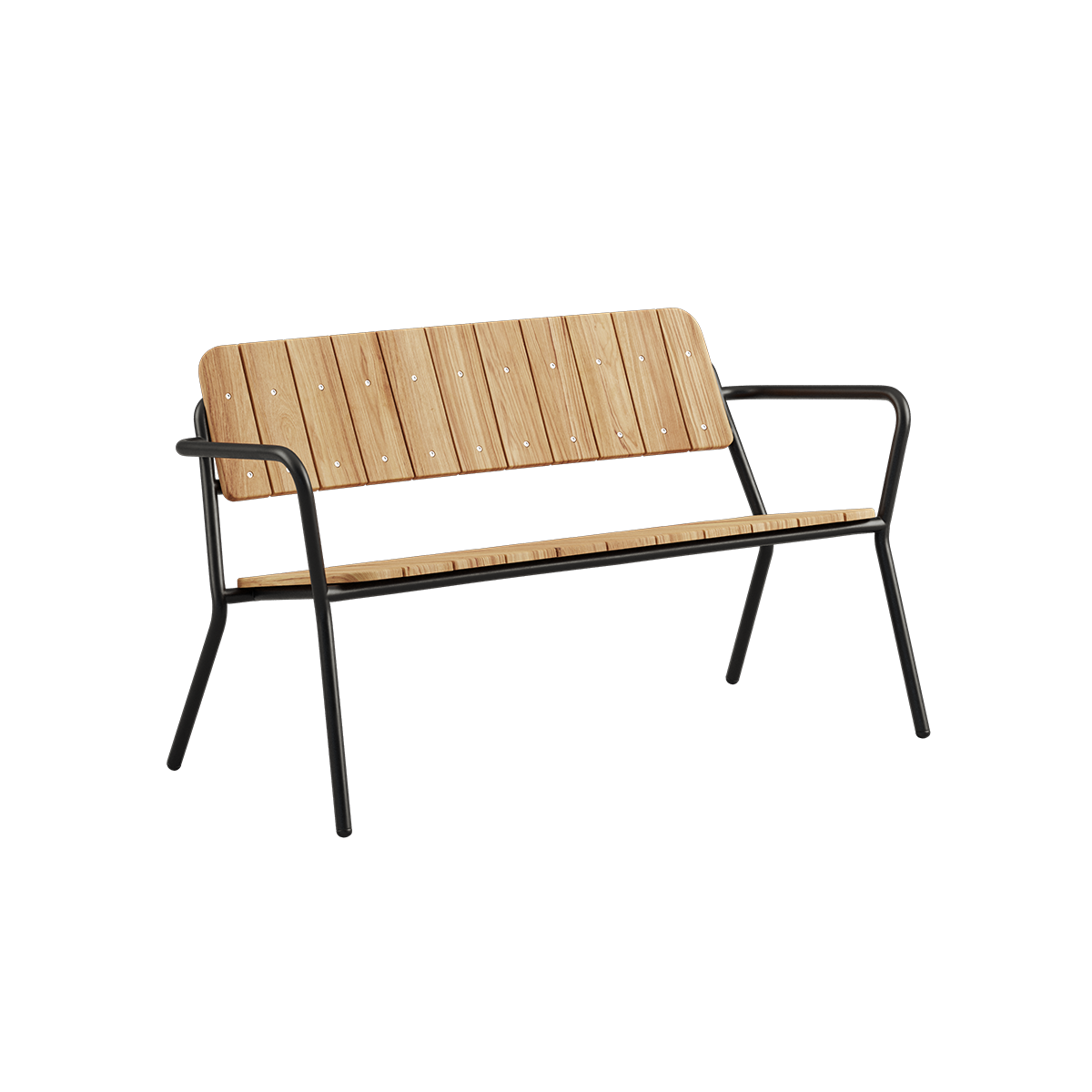 Udendørs Kirra Patio Bench i pulverlakeret aluminium og ubehandlet teaktræ med armlæn.
