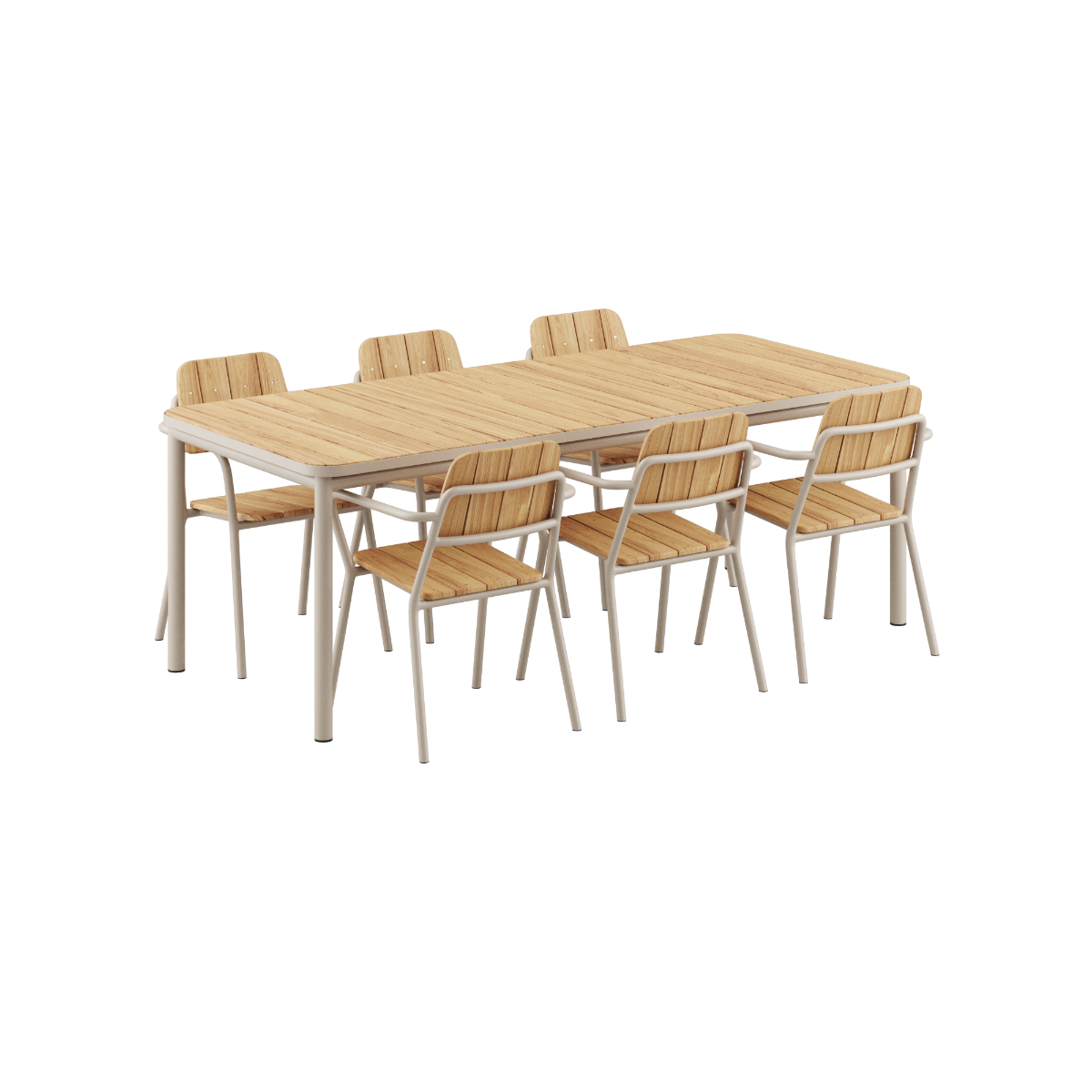 Udendørs Kirra spisebord 210x90 cm og 6 Kirra havestole i taupe farve i aluminium og teaktræ.