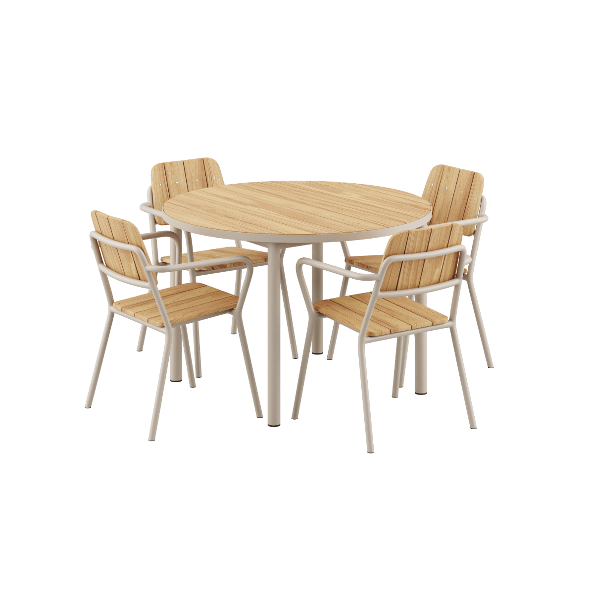 Udendørs Kirra spisebord Ø110 med keramisk bordplade og 4 taupe Kirra Patio stole i aluminium og teak