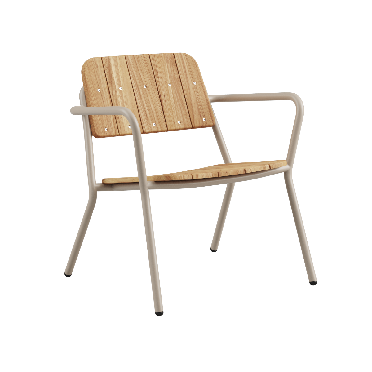 Kirra Patio Lounge Chair i taupe med pulverlakeret aluminium og ubehandlet teaktræ, udendørs stol.