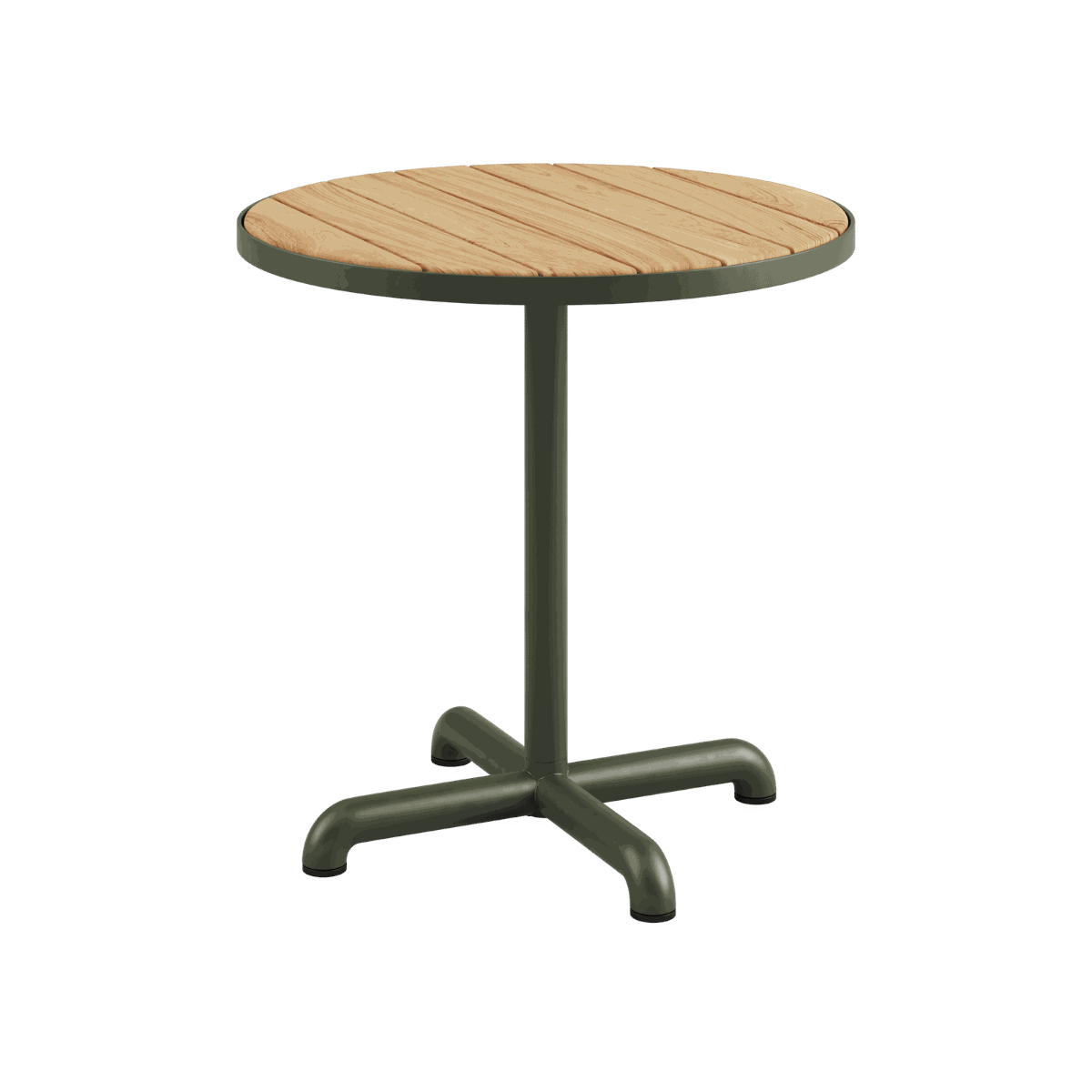 Kirra Café Table udendørs spisebord i pulverlakeret aluminium med teaktræ i olivengrøn farve.