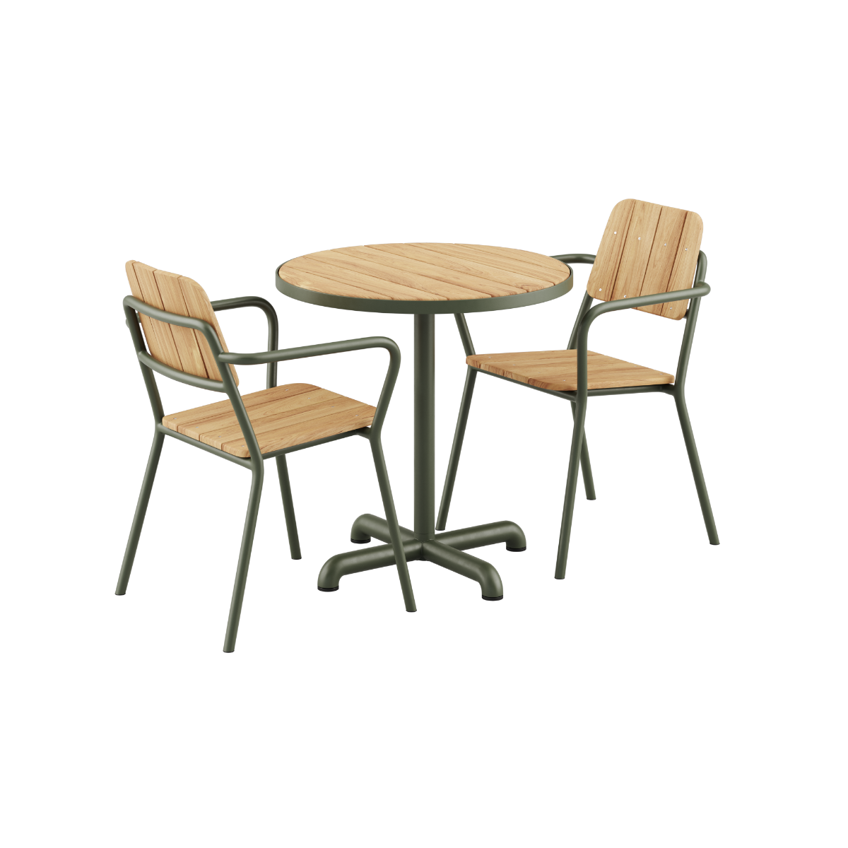 Kirra Café Table og 2 Kirra Patio Chair i olivengrøn med teak og pulverlakeret aluminium.
