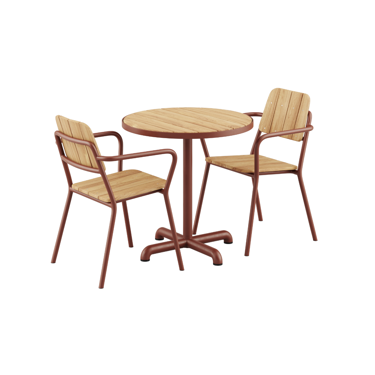 Kirra Café Table og 2 Kirra Patio Chairs i chestnut farve med pulverlakeret aluminium og teaktræ.