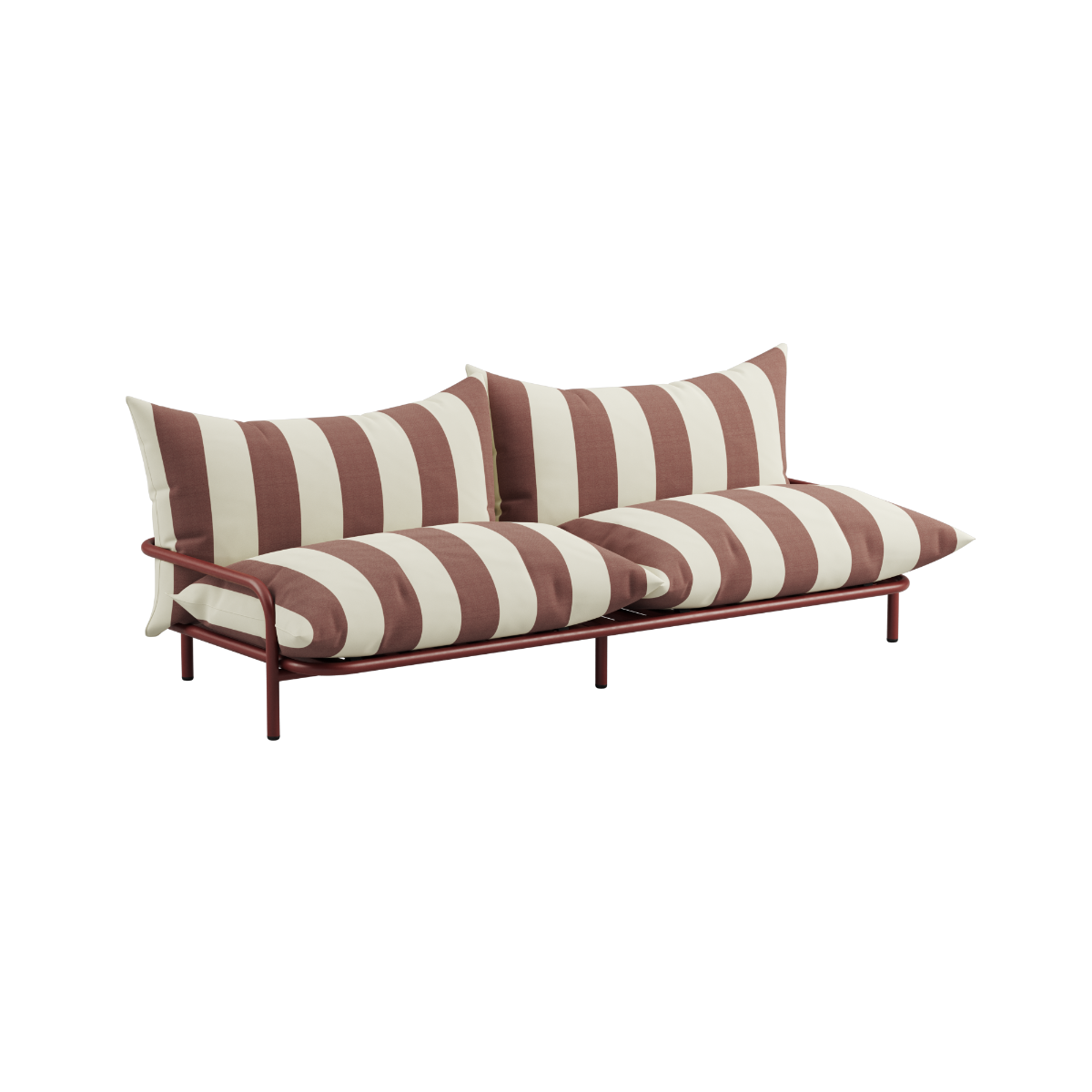 Stribet Mollis loungesofa til udendørs brug fra sackit med rummelige hynder og karakterfuldt dansk design til afslapning i det fri