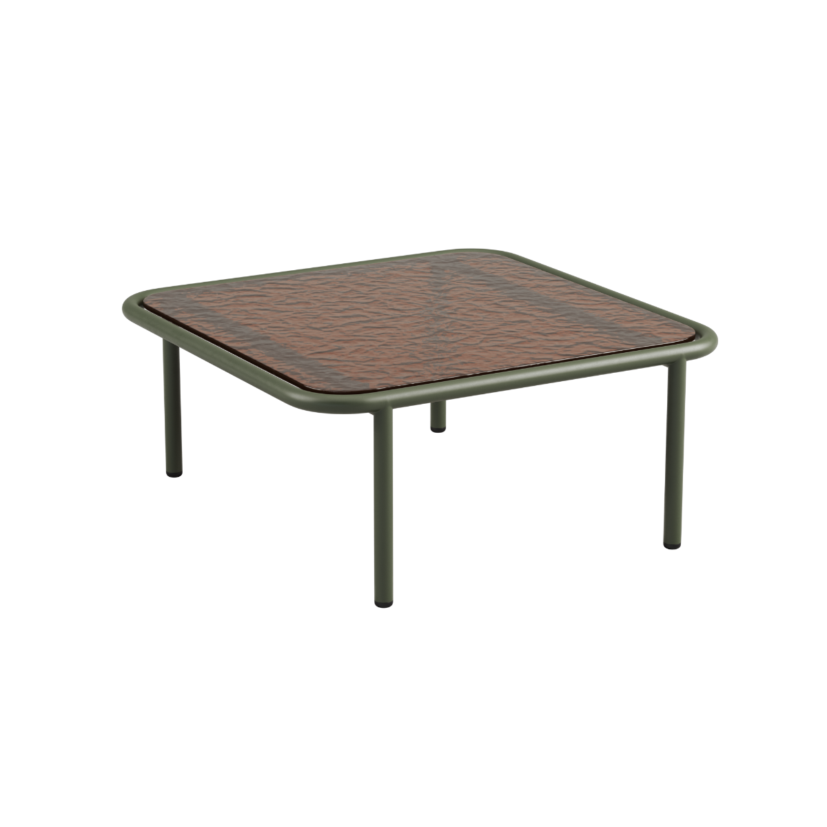 Mollis Coffee Table udendørs sofabord i olivengrøn med pulverlakeret aluminiumsstel og hærdet glasbordplade.