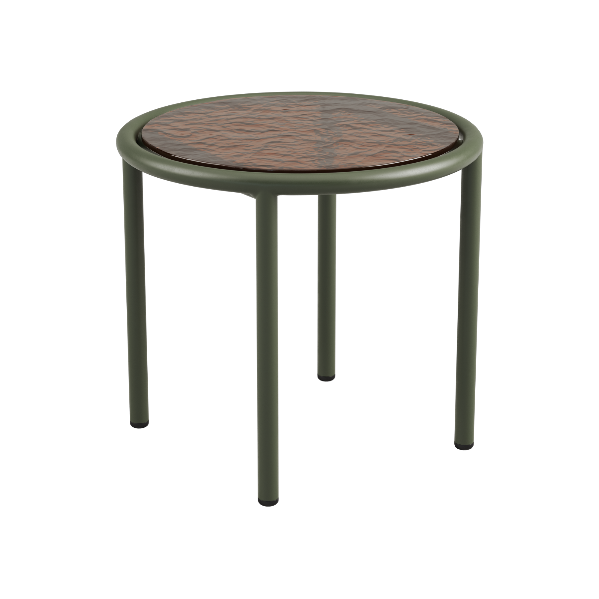 Mollis Side Table Ø50 udendørs sofabord i olivengrøn med pulverlakeret aluminiumsstel og røget glasbordplade.