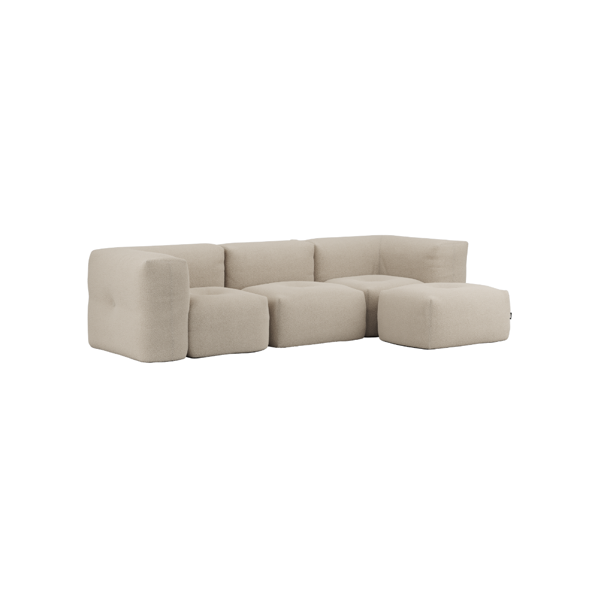 Soft Sofa Indoor 3-personers sofa i beige Teddy stof med puf, blød og modulær design.