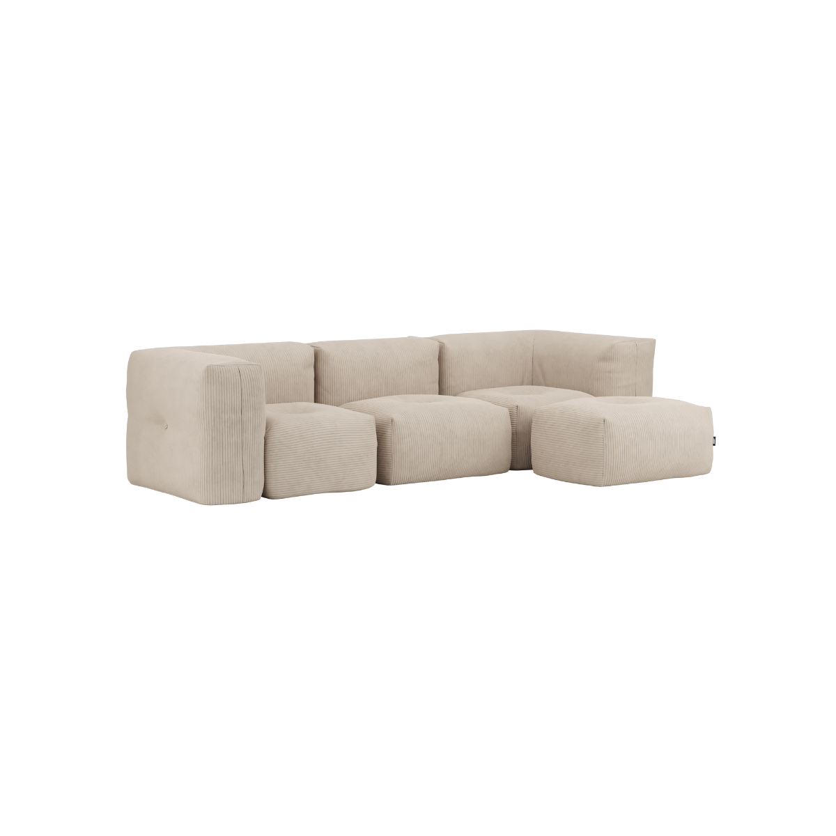 Soft Sofa Indoor 3-personers sofa i beige corduroy med puf, indendørs, blød og modulær design.