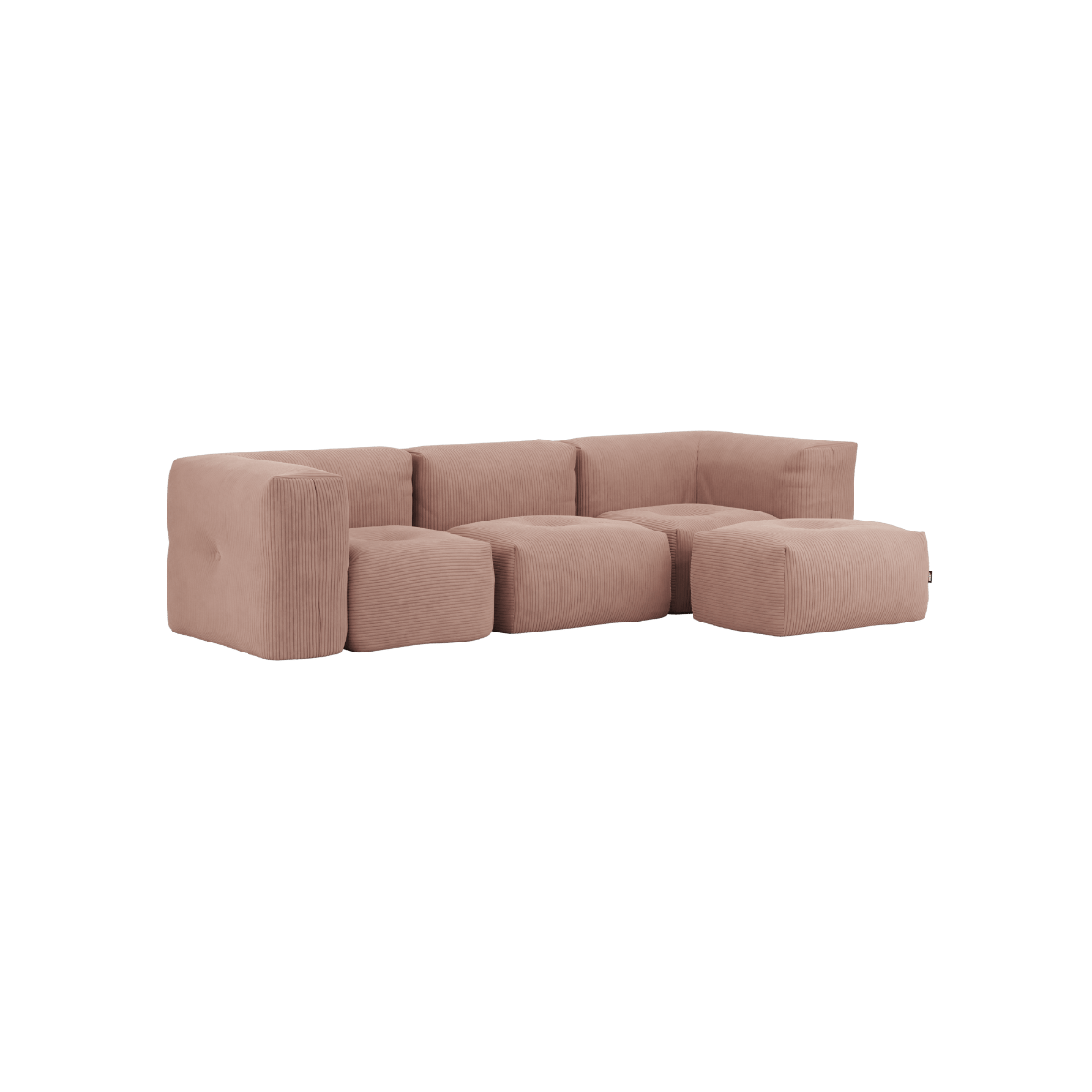 Soft Sofa Indoor 3-personers modulsofa i rosa corduroy med puf, indendørs design.