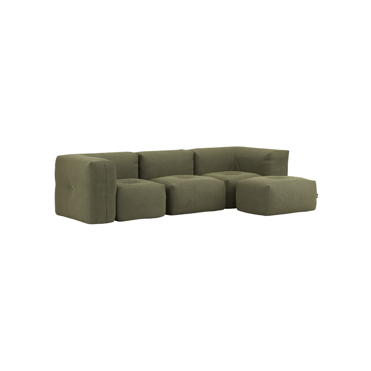 Soft Sofa Indoor 3-personers sofa i olivengrønt corduroy med puf, blød og modulær design.