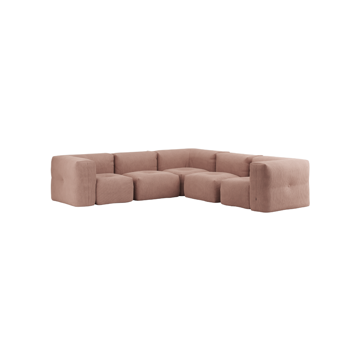 Soft Sofa Indoor 5-personers hjørnesofa i rosa corduroy stof med modulopbygning og bløde former.