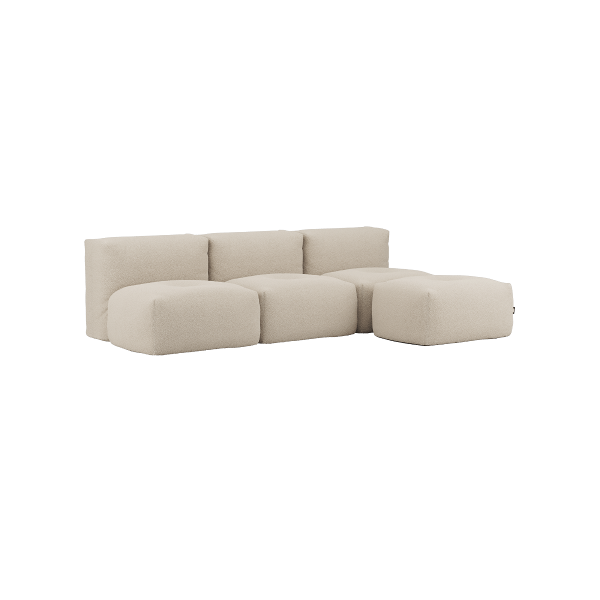 Soft Sofa Indoor 3-personers modulsofa i beige Teddy tekstil med puf, indendørs brug.