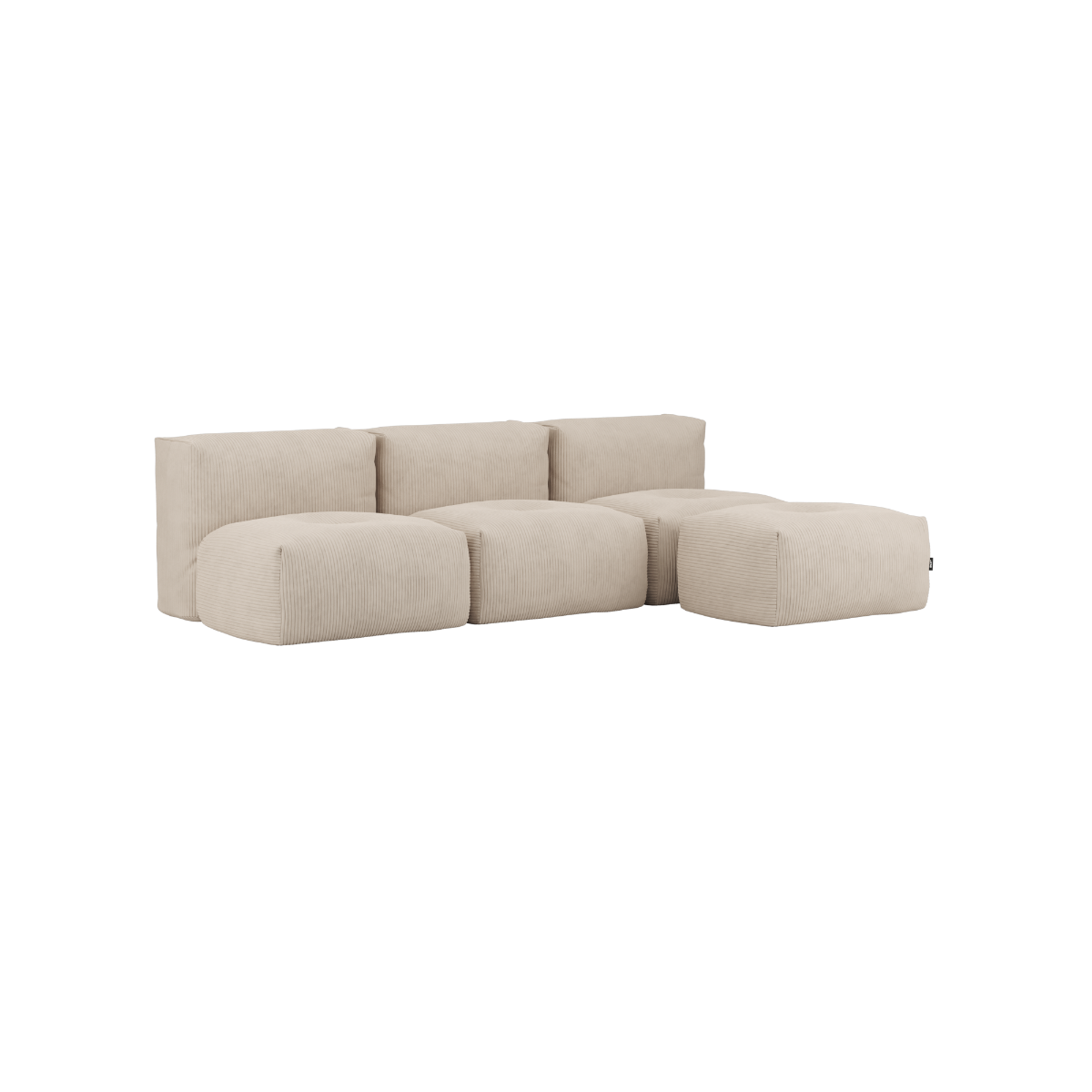 Soft Sofa Indoor 3-personers sofa i beige corduroy med puf, blød og modulær design.