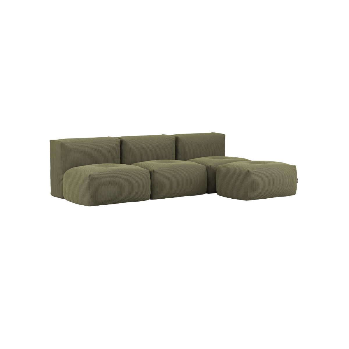 Soft Sofa Indoor 3-personers sofa i olivengrøn corduroy med puf, indendørs design uden stel.