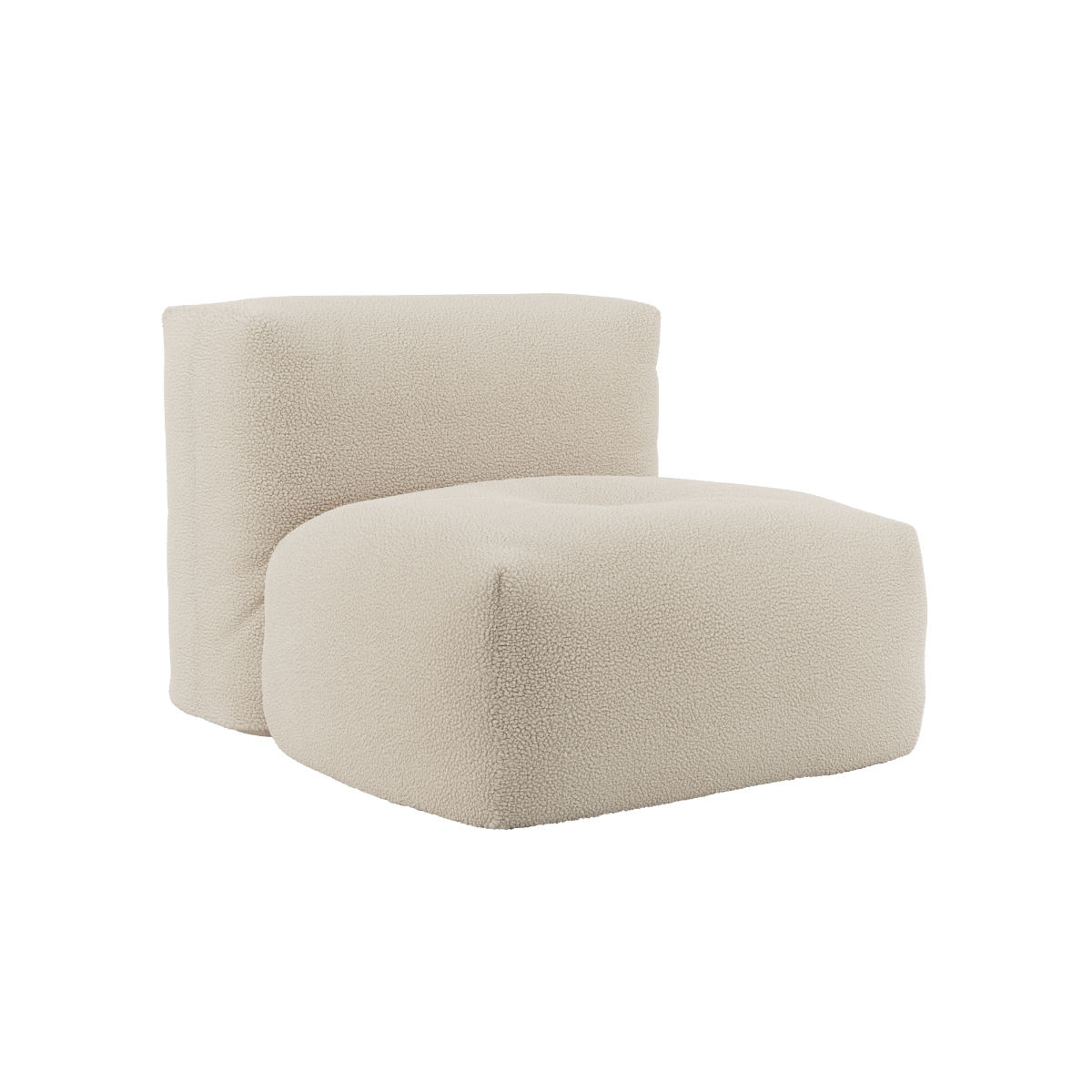Soft Sofa Indoor sæde i blødt Teddy Beige stof med rundet, modulær form og lav siddehøjde.
