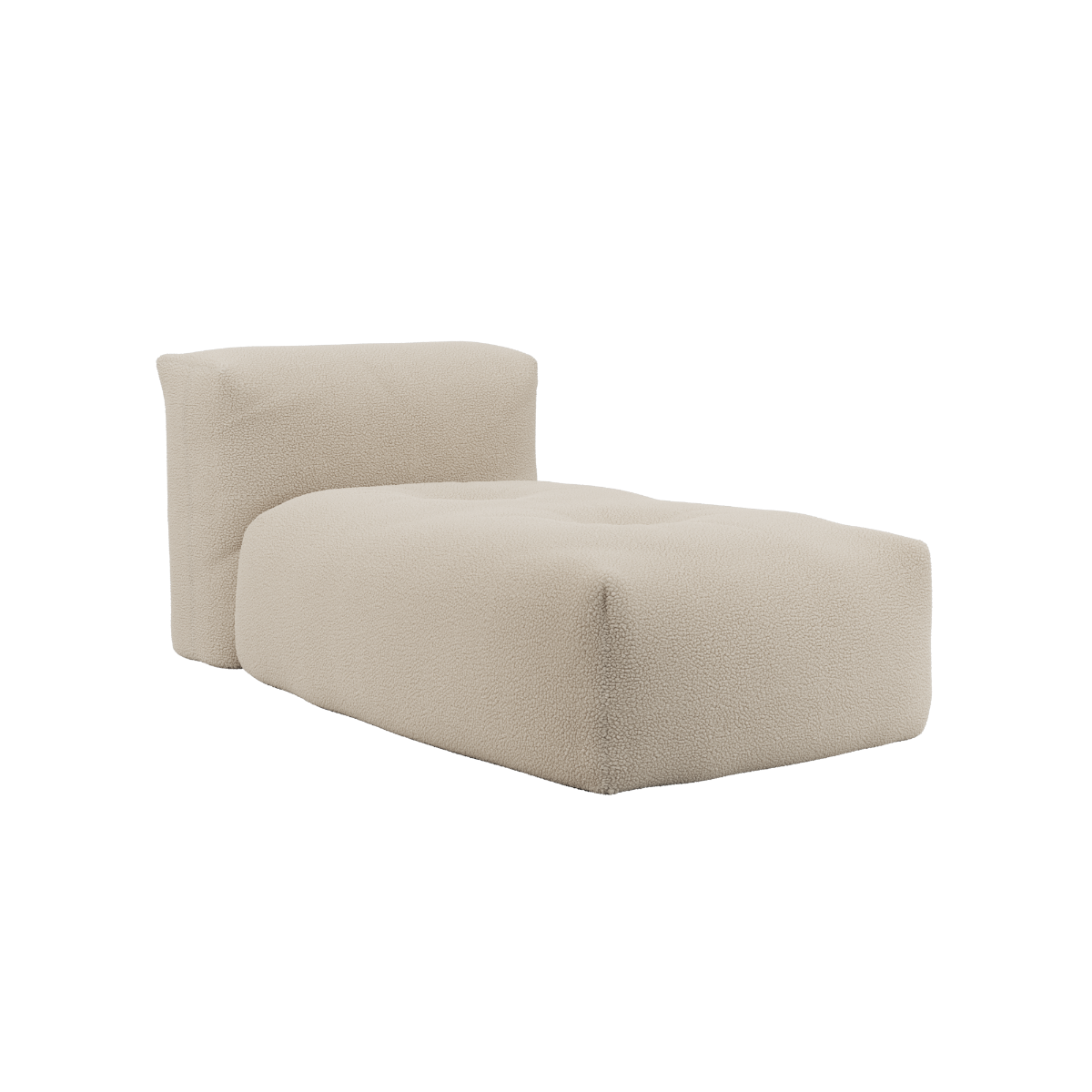 Soft Sofa Indoor Lounger i blødt Teddy Beige stof med modulær, steløs form og lav siddehøjde.
