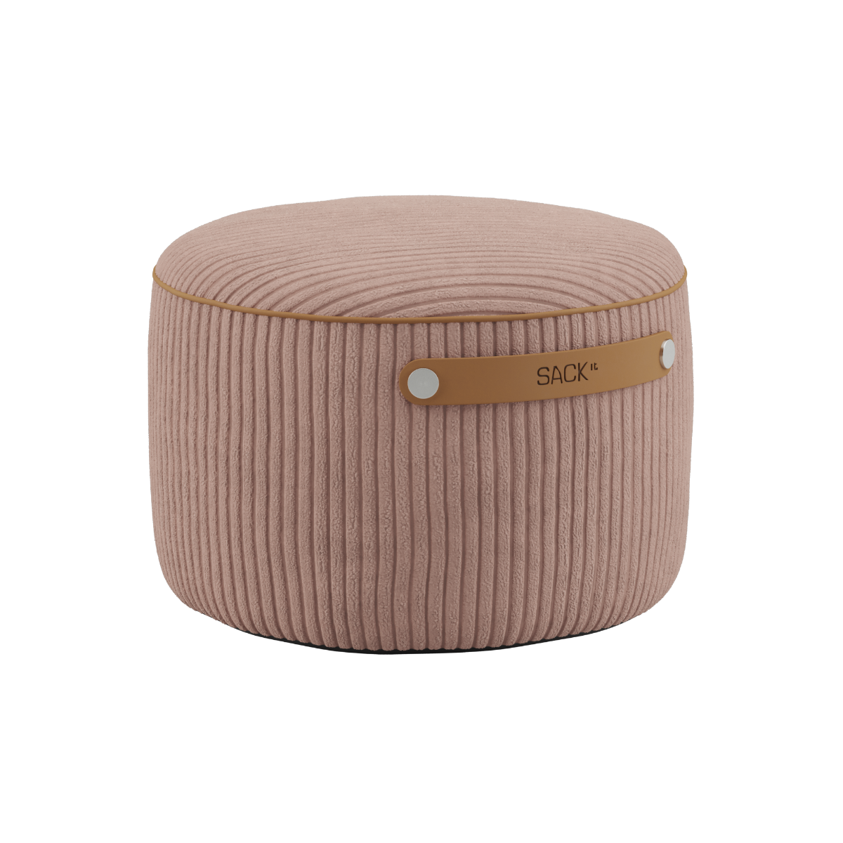 SACKit Pouf Indoor i rosa corduroy med rund form og skumfyld, placeret på hvid baggrund.