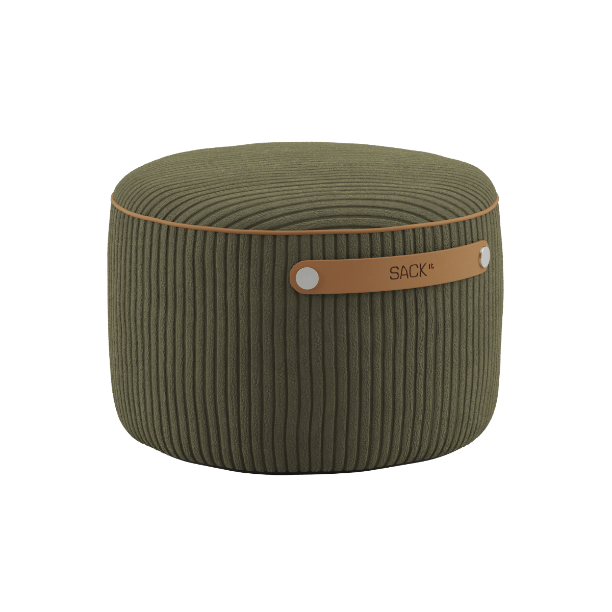 SACKit Pouf Indoor i olivengrøn corduroy med rund form og lav højde.