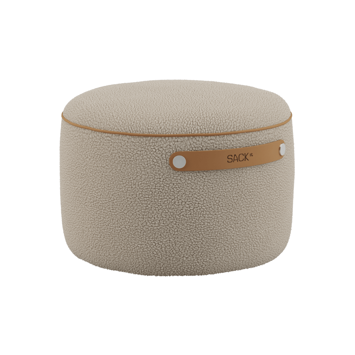 SACKit Pouf Indoor i Teddy Beige stof med rund form og lav højde.