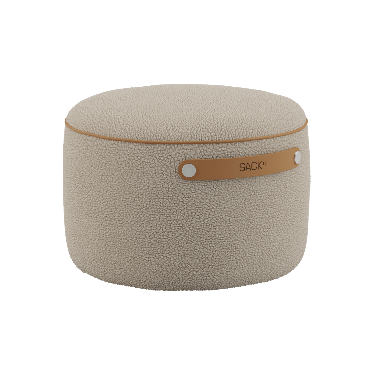 SACKit Pouf Indoor i Teddy Beige tekstil med rund form og lav højde.