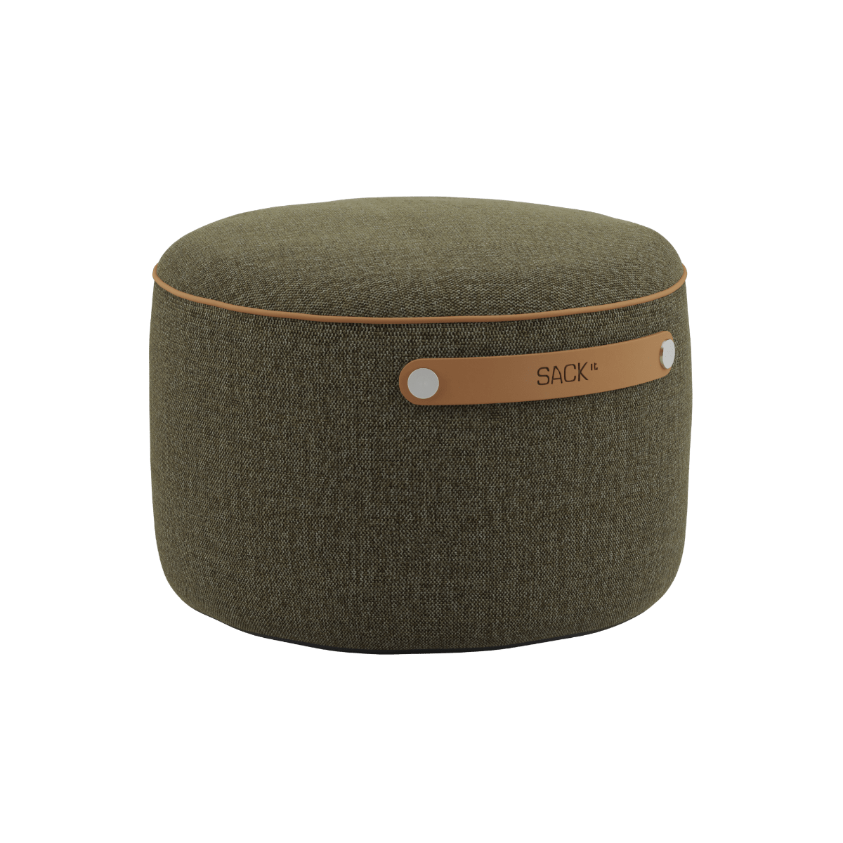 SACKit Pouf Indoor i Cosmo Olive tekstil med rund form og lav højde.