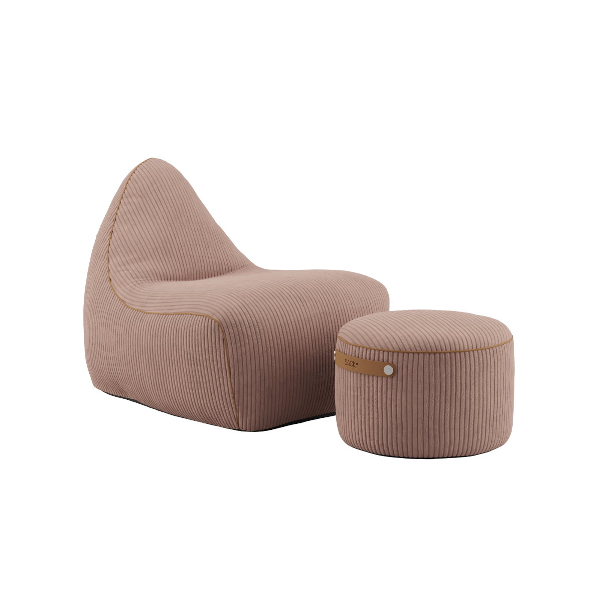 SACKit Chair & Pouf Indoor i rosa kordfløjl med bløde former og skridsikre detaljer.