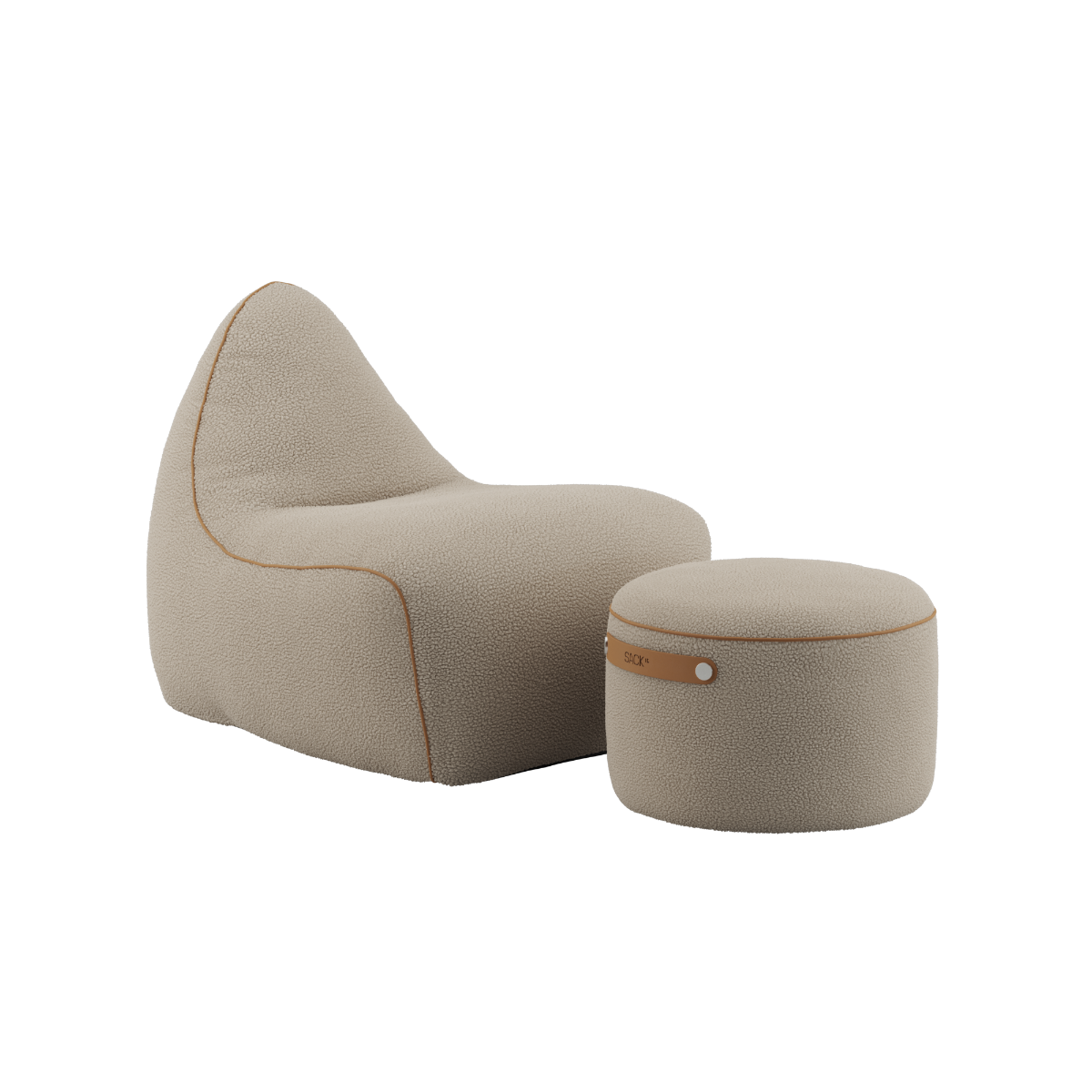 SACKit Chair & Pouf Indoor i blødt Teddy Beige stof med rund puf og sækkestol i skandinavisk design.