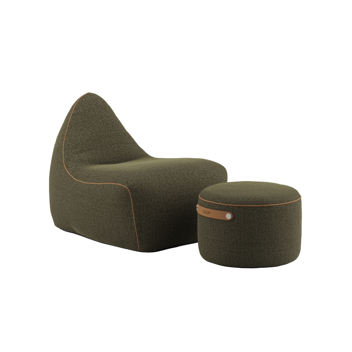 SACKit Chair & Pouf Indoor i Cosmo Olive tekstil, rund puf og sækkestol med blødt design.