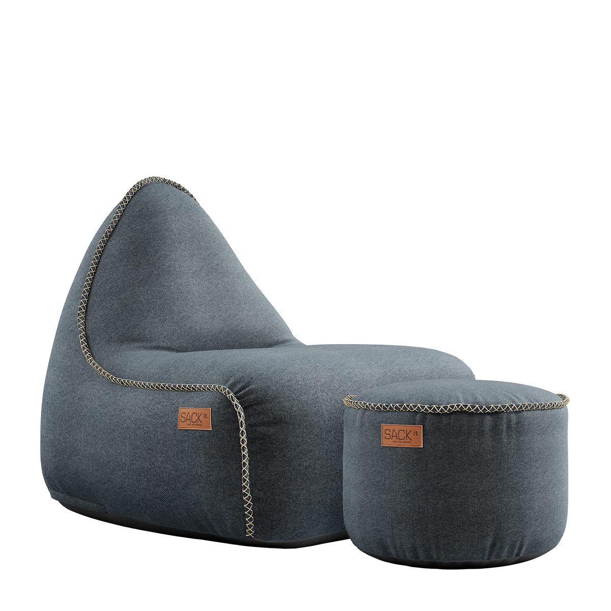 Canvas Lounge Chair og puf i petrol canvas stof med håndsyede sting, indendørs loungesækkestol og puf.