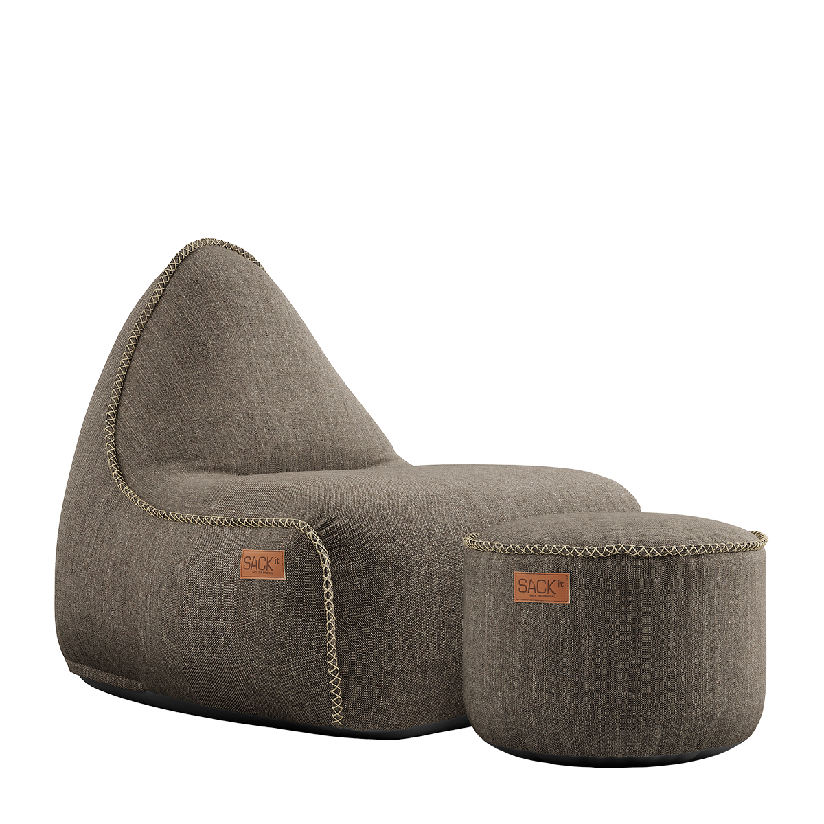 Cobana Lounge Chair og puf i brun olefinfiber med formstabilt design og håndsyede sting.