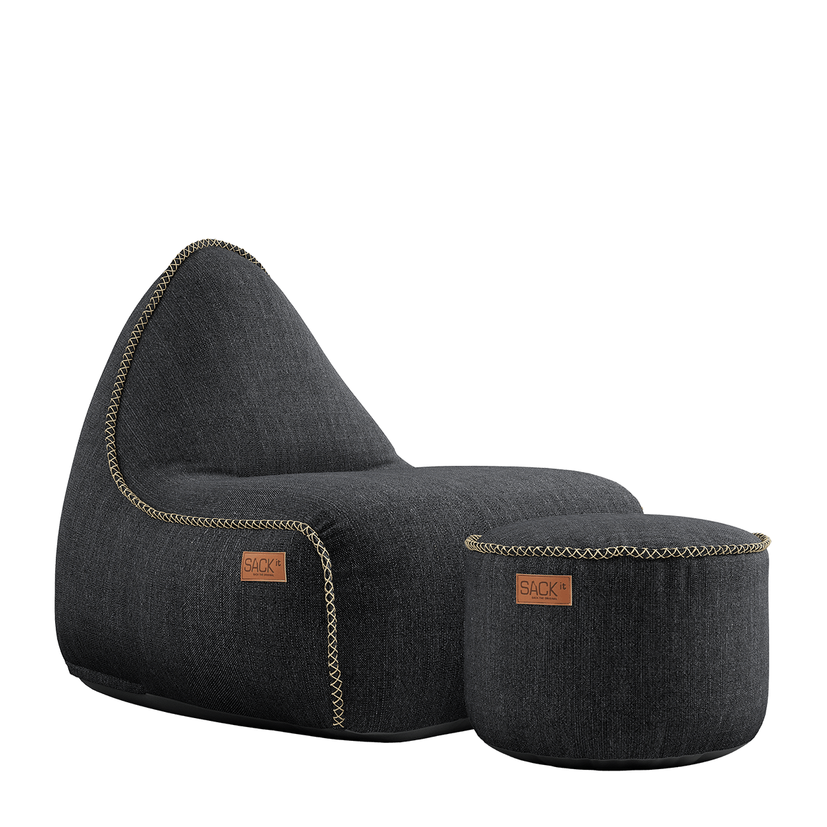 Cobana Lounge Chair og Pouf i sort, slidstærk sækkestol med ryglæn og rund puf.