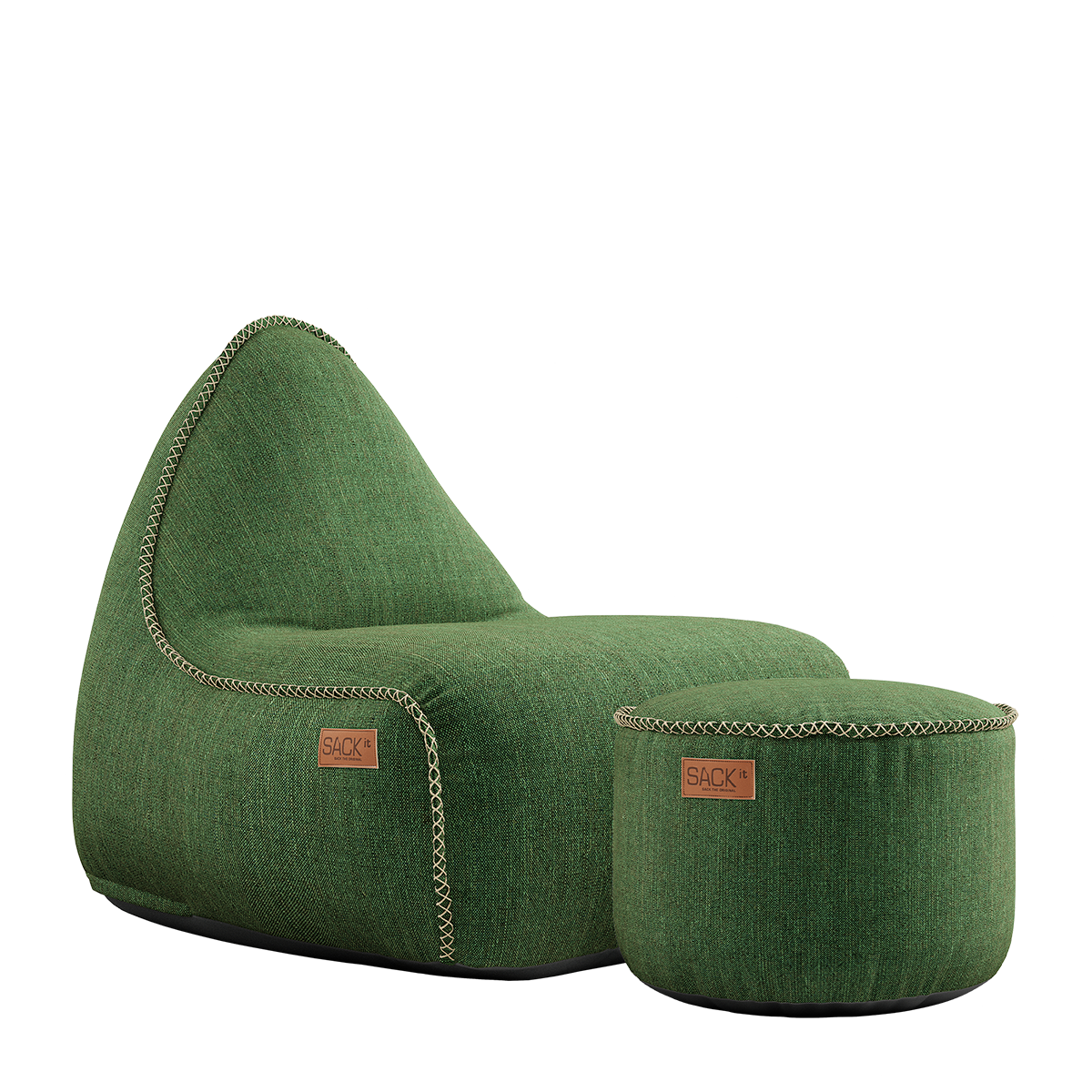 Cobana Lounge Chair og Pouf i grøn olefinfiber med formstabilt design og håndsyede sting.