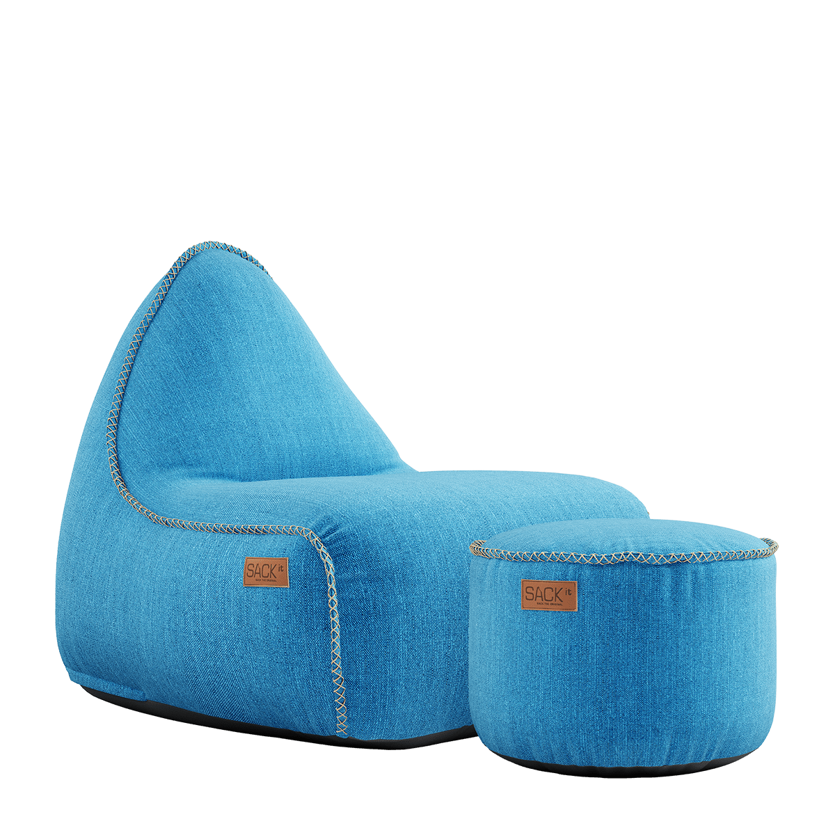 Cobana Lounge Chair og Pouf i turkis, sækkestol og puf med ryglæn i slidstærkt materiale.