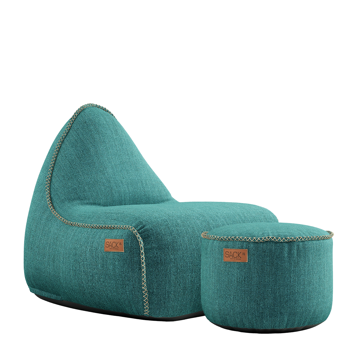 Cobana Lounge Chair og Pouf i petrol melange, sækkestol og puf med ryglæn i slidstærkt stof.