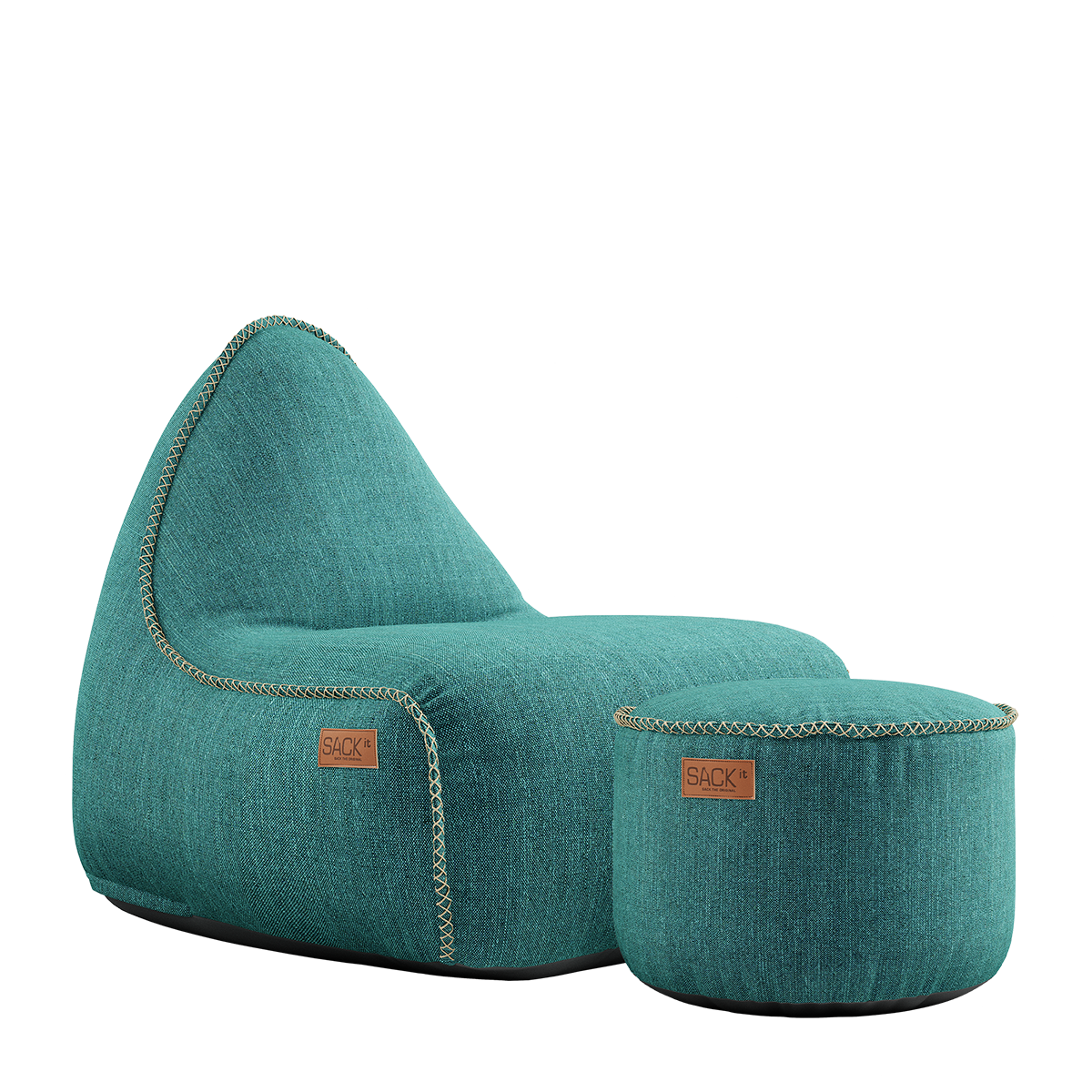 Cobana Lounge Chair og Pouf i petrol melange med formstabilt design og håndsyede sting.