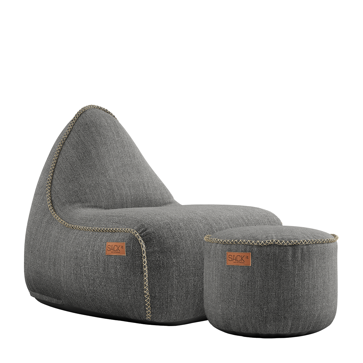 Cobana Lounge Chair og Pouf i grå, slidstærk og vandafvisende sækkestol med ryglæn og rund puf.