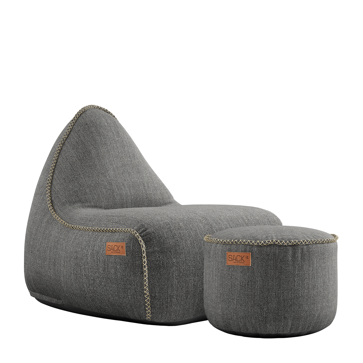 Cobana Lounge Chair og Pouf i grå, vandafvisende sækkestol og puf med ryglæn til indendørs og udendørs brug.