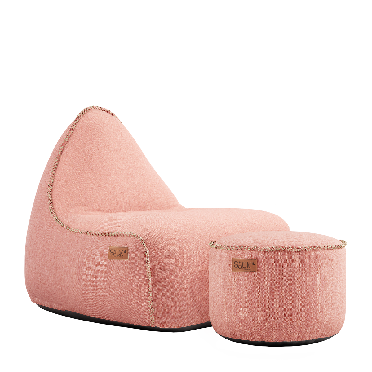 Cobana Lounge Chair og Pouf i blød rosa, vandafvisende sækkestol med ryglæn og rund puf.
