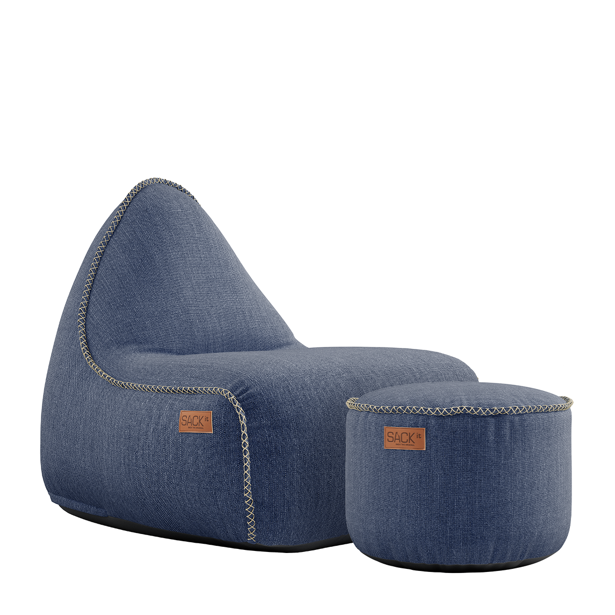 Cobana Lounge Chair and Pouf in Kirra Indigo color with soft fabric and relaxed shape.