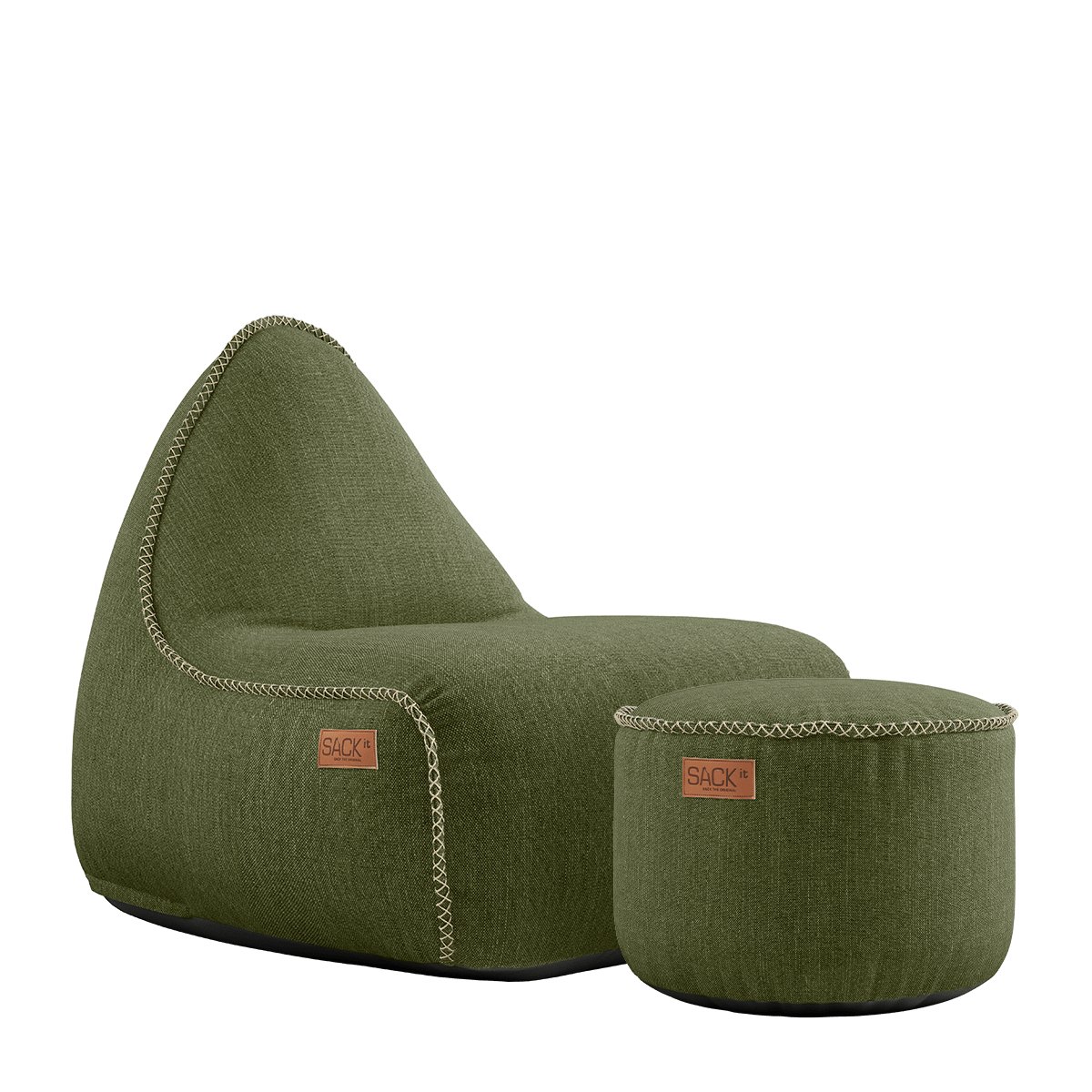 Kirra Olive Cobana Lounge Chair and Pouf with soft, rounded shapes and textured fabric.