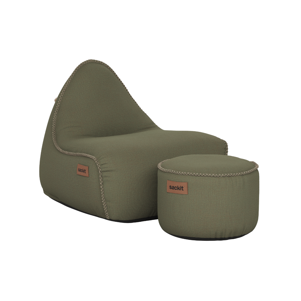Cobana Lounge Chair og Pouf i Kirra Olive farve med formstabilt design og håndsyede sting.