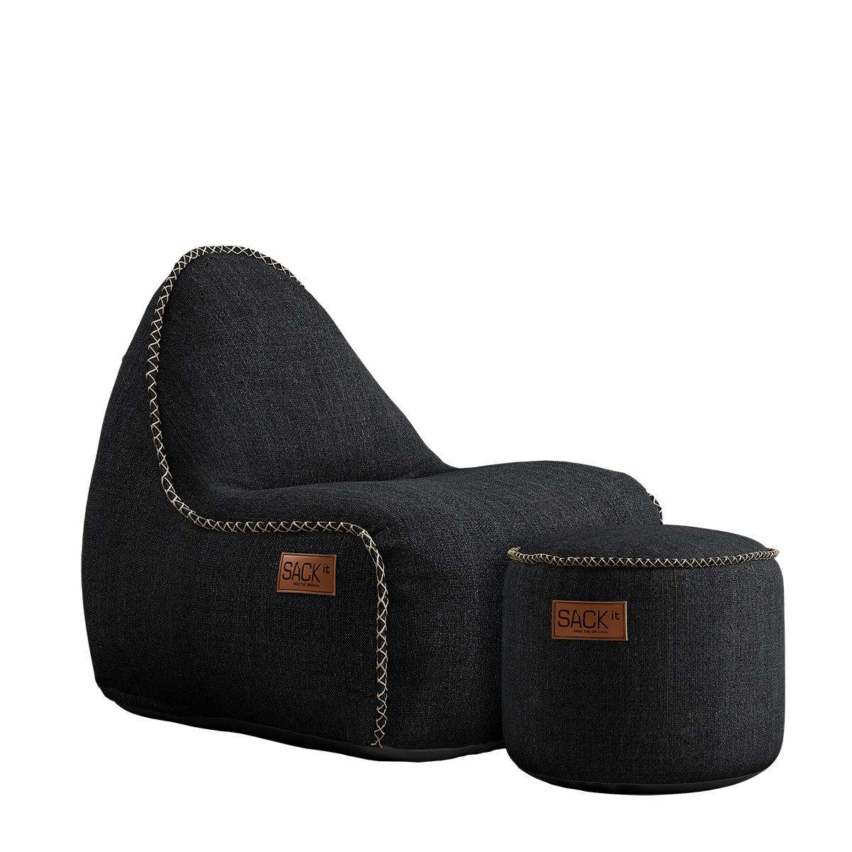Cobana Junior Lounge Chair og puf i sort, børnesækkestol med rund puf i samme farve.